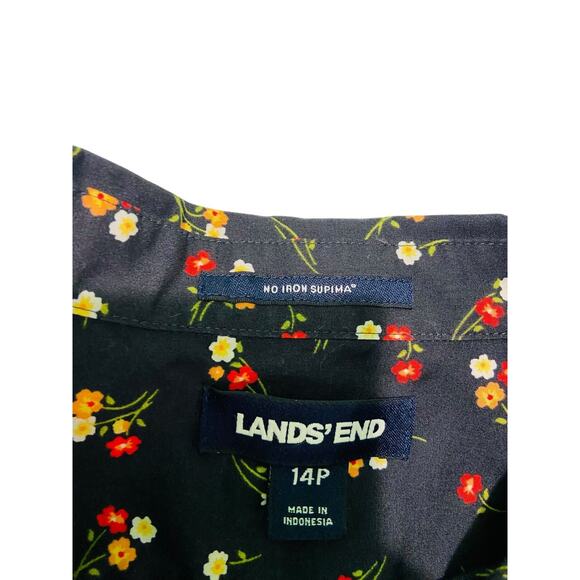 Lands' End Womens Floral Button Up Shirt Long Sleeve Navy Blue 100% Cotton 14P - Picture 3 of 7